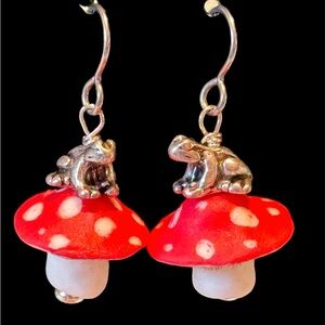 Mushroom Frog Earrings Toadstool Niobium Ear Wires